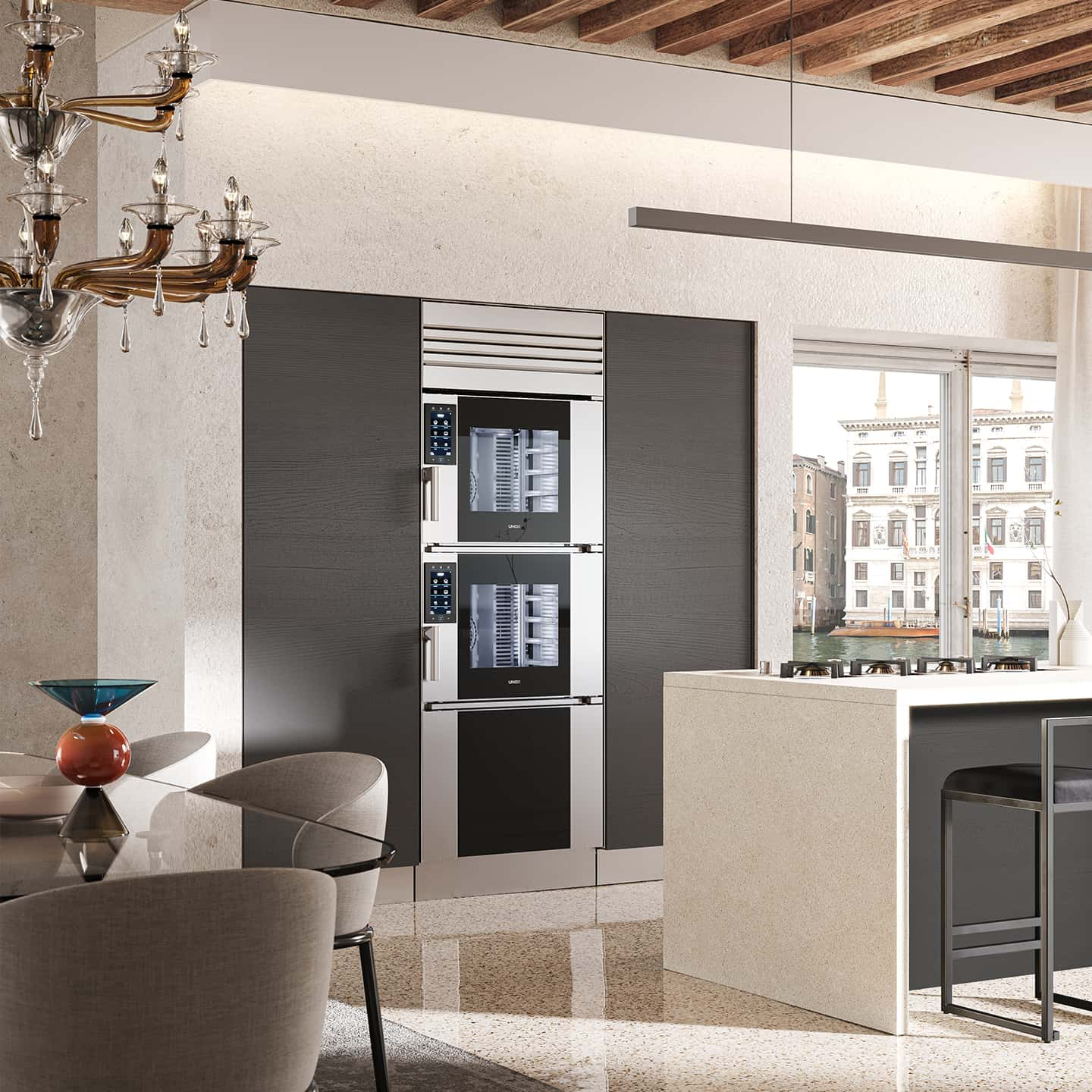 Luxury kitchen in Venice with Model 1 smart oven from Unox Casa's SuperOven collection 